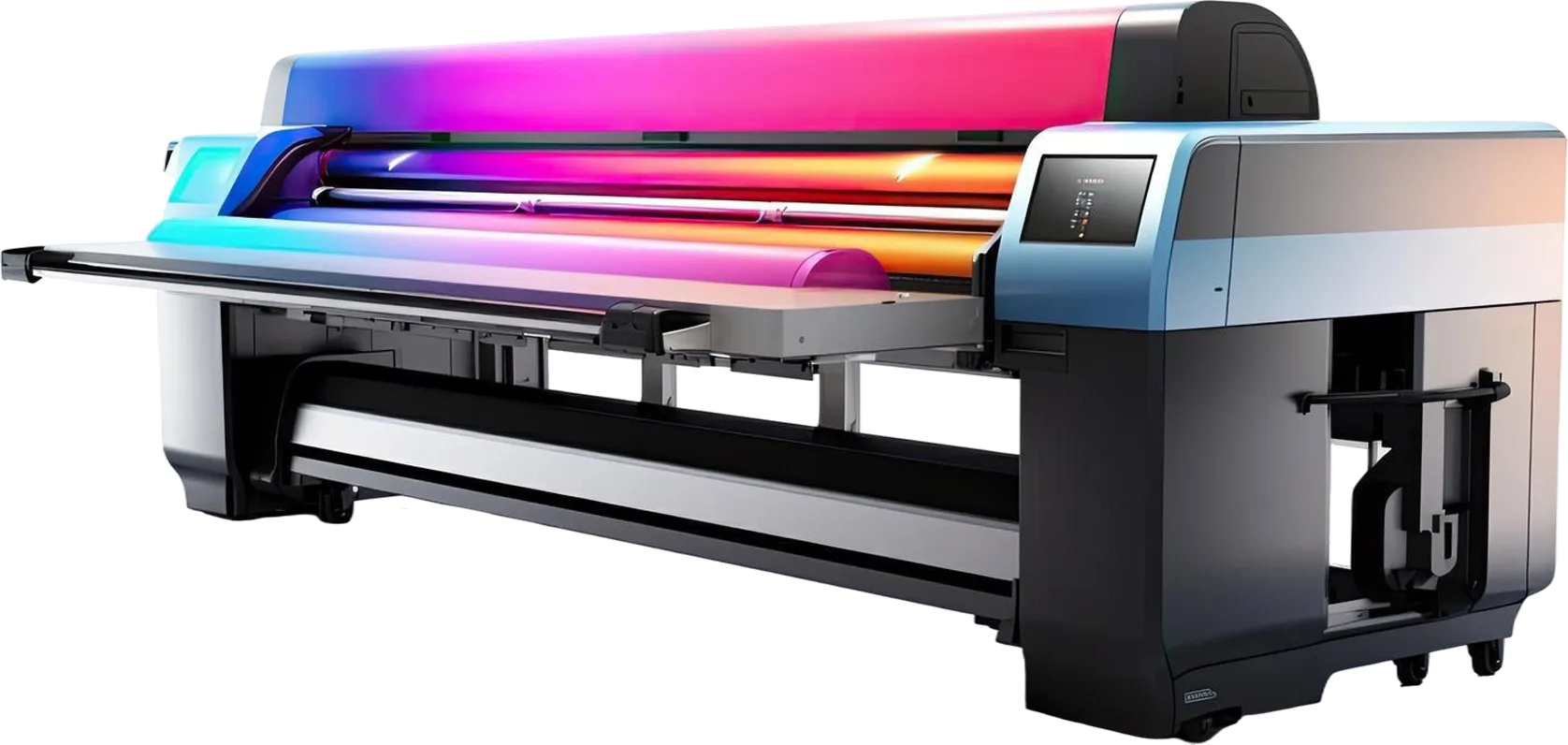 Large-format printer producing a colourful print